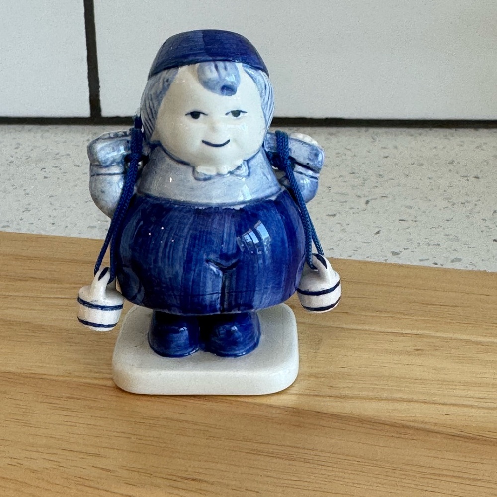 Vintage Delft Blue Little Dutch Boy Carrying Water Bucket Figurine Bobble Body
